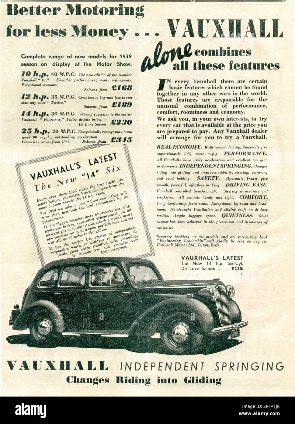 Eine historische Zeitschriftenwerbung von 1938 für Vauxhall-Fahrzeuge, darunter die Vauxhall 14 Six-Limousine Stockfoto