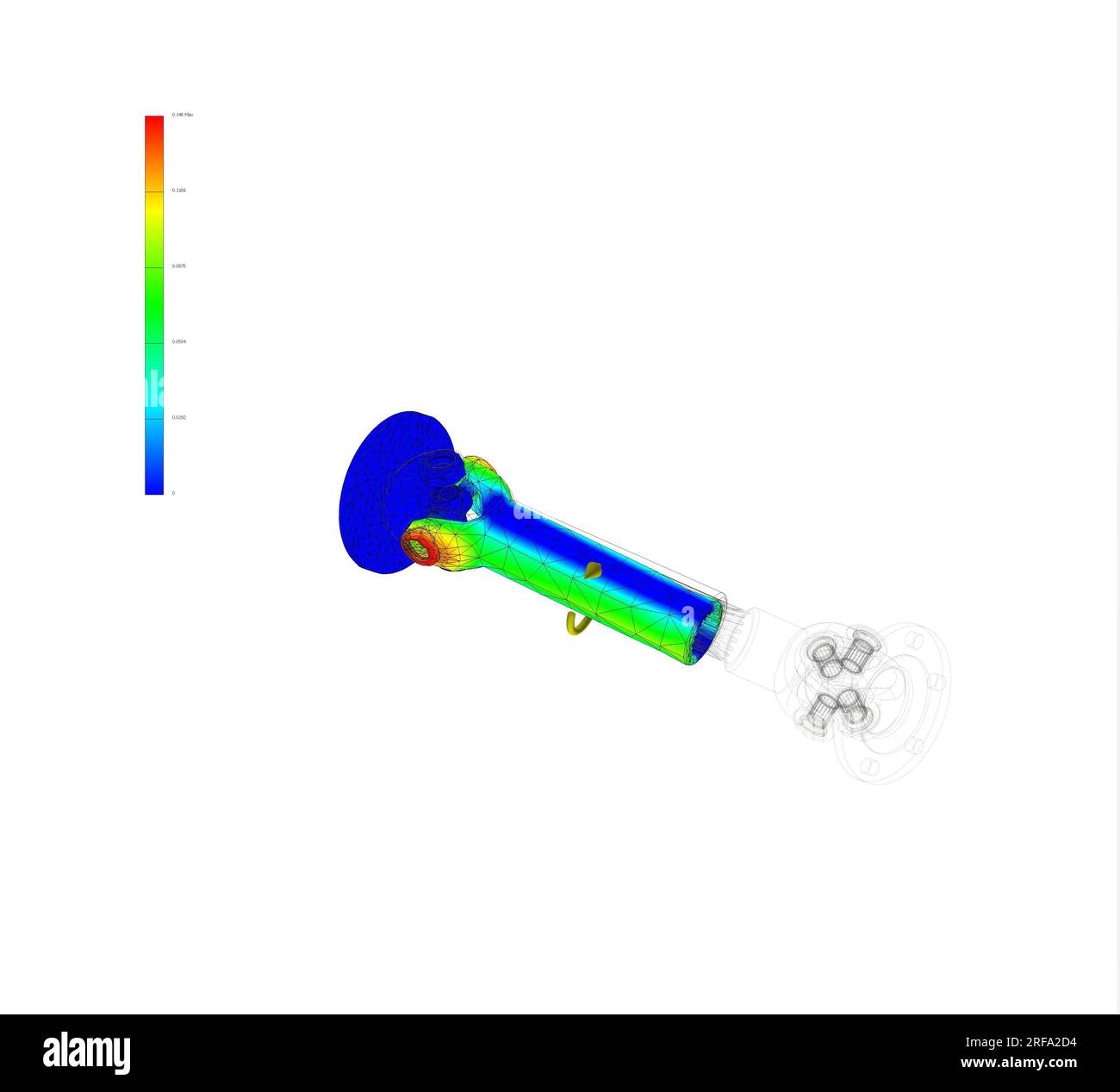 FEM-Analyse, Finite-Elemente-Methodenanalyse, Kardanwelle basiert auf dem Konzept eines Kreuzgelenks, zweier Joche oder Gabeln und eines kreuzförmigen Kompons Stockfoto