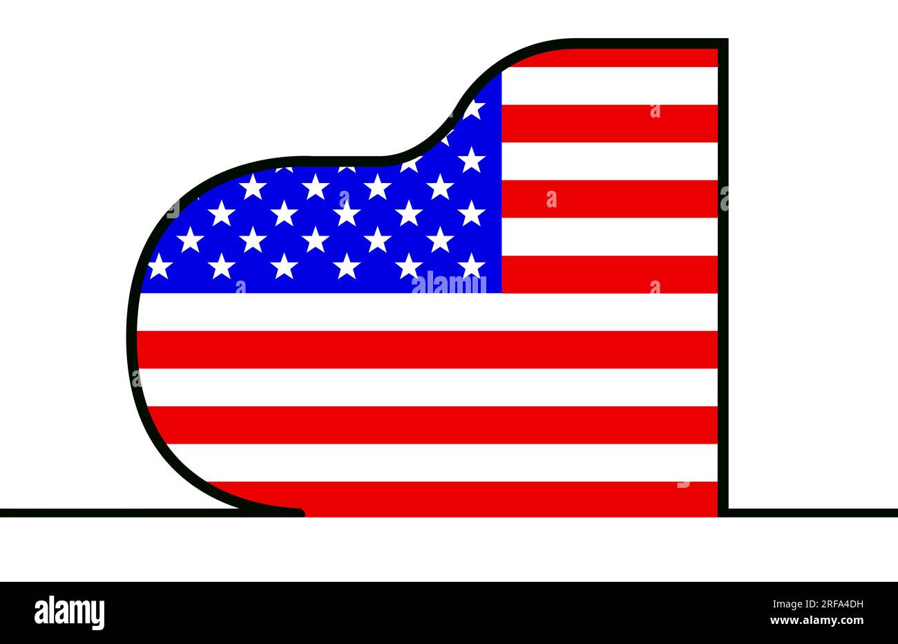 Blick von oben auf ein großes Klavier in schwarzer, durchgehender Umrandung mit der US-Flagge „Old Glory Stars and Stripes“ Stockfoto