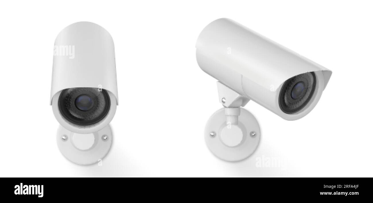 Realistischer Satz von 3D CCTV-Kameras, isoliert auf weißem Hintergrund. Vektordarstellung der Videokamera. Moderne Ausstattung für zu Hause, im Büro, im Unternehmen, im Bus Stock Vektor