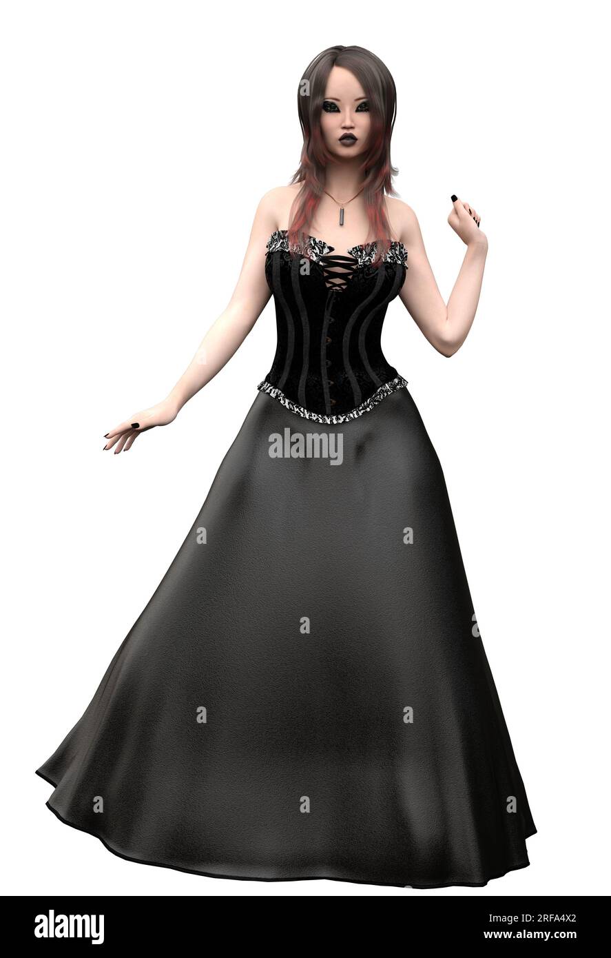 Gotische Asiatin trägt schwarzes Kleid mit Korsett, Illustration 3D. Stockfoto