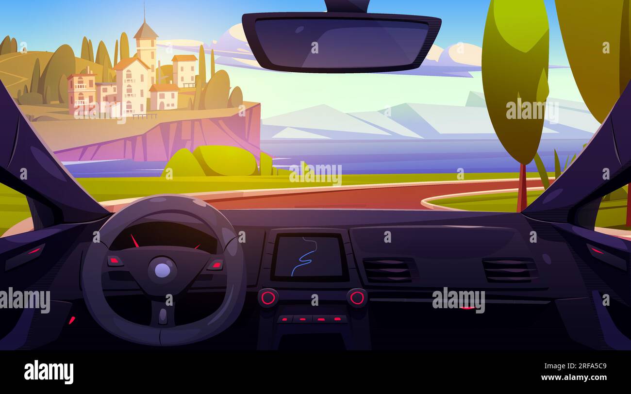 Blick für den Autofahrer auf die Küstenstadt und die Berge. Vektor-Cartoon-Darstellung eines automatischen Panels mit gps-Navigationsdisplay, Lenkrad, wunderschönes Italien Stock Vektor