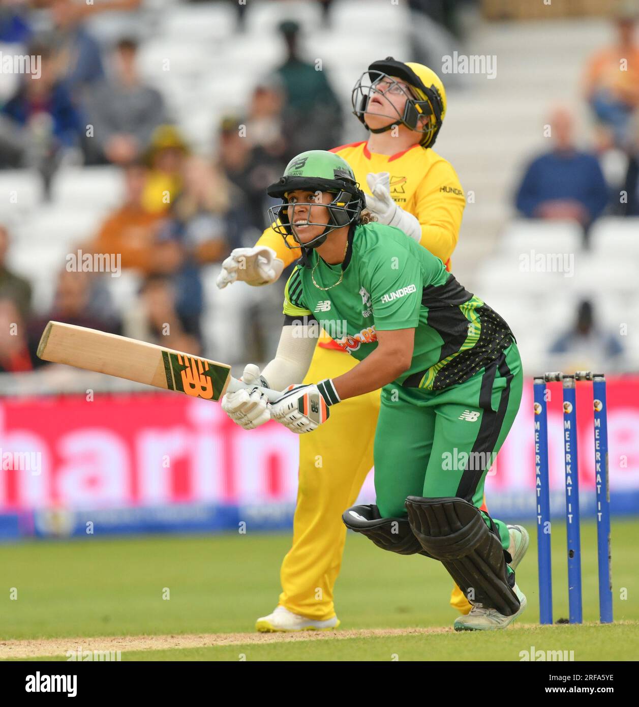 01. August 2023 - Trent Bridge Cricket Ground, Nottingham. Veranstaltung: The 100 Double Header (Herren und Frauen): Trent Rockets gegen Southern Brave. Bildunterschrift: Chloe Tryon (Southern Brave) schlägt. Bild: Mark Dunn/Alamy Live News (Sport) Stockfoto