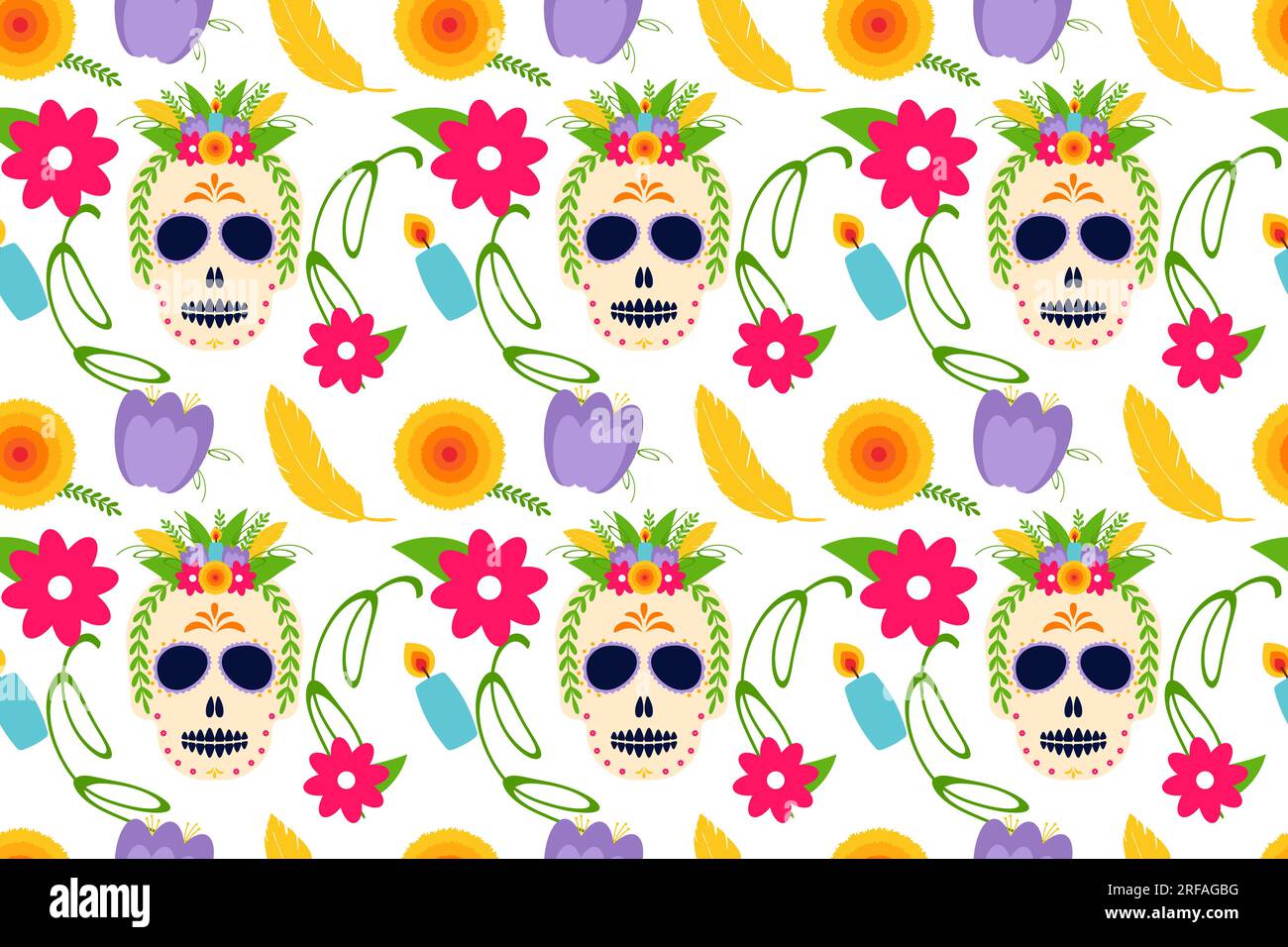 Dia de los muertos. Der Tag der Toten. Mexikanische Tradition, Festival. Nahtloses Muster und Hintergrund. Flache Abbildung. Stock Vektor