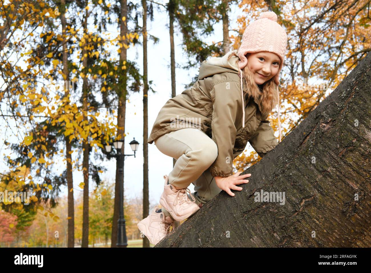 Mädchen, die im Herbstpark an einen Baum kriechen will. Horizontales Foto Stockfoto