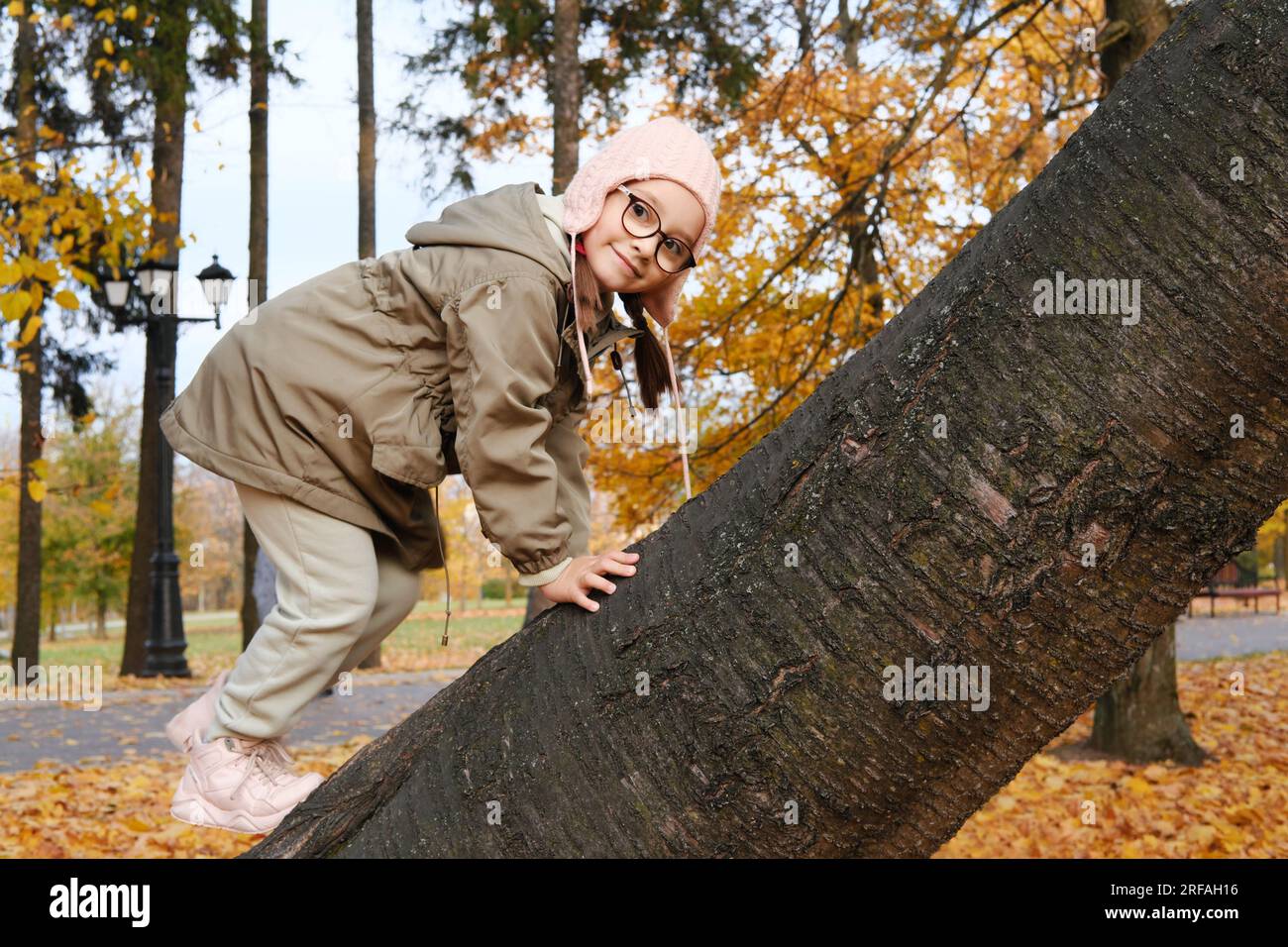 Ein Mädchen mit Brille, einem rosa Hut und einer Herbstjacke klettert in einem Herbstpark auf einen Baum. Horizontales Foto Stockfoto