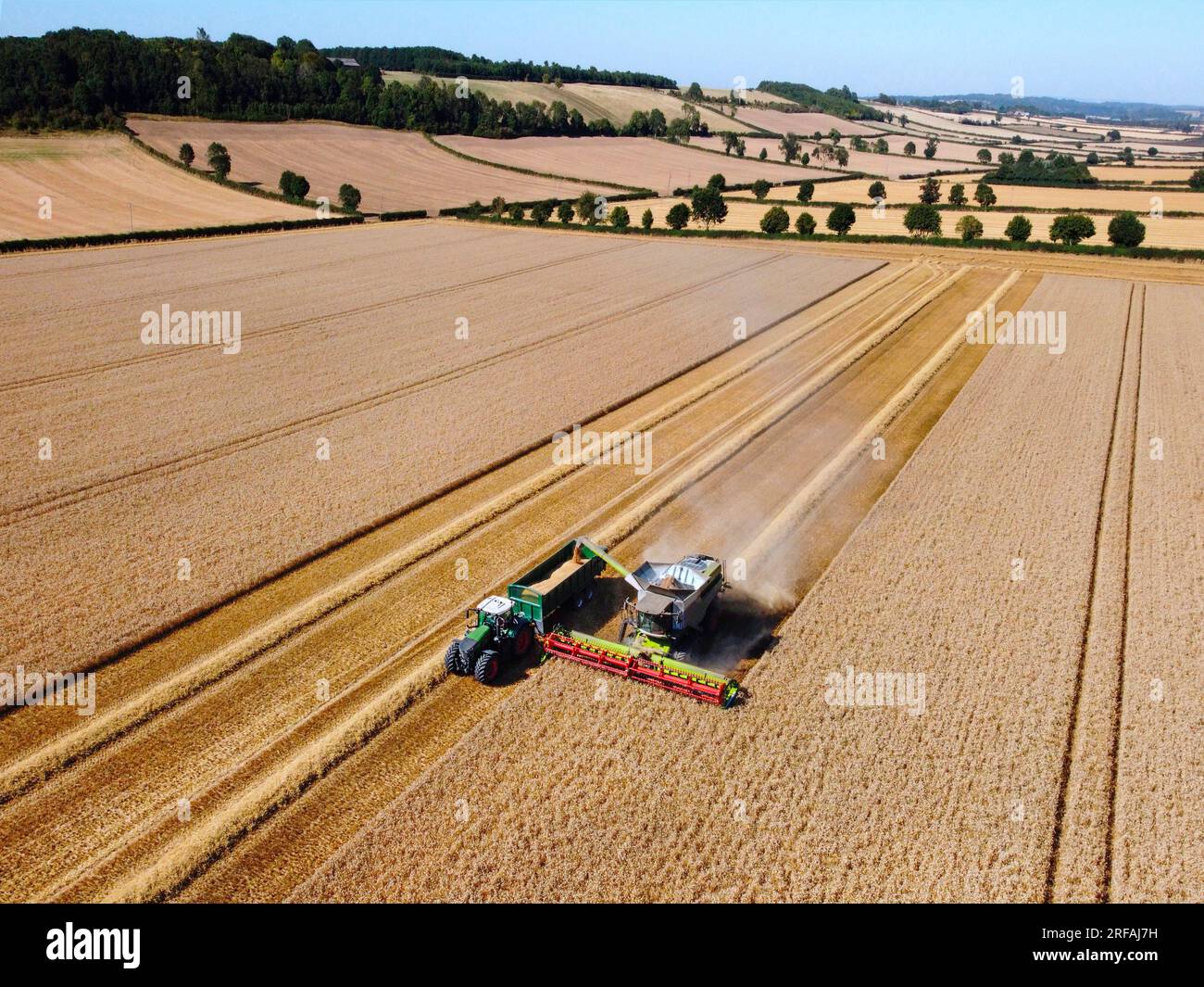Luftaufnahme eines Mähdreschers, der in einer Landschaft von Weizenfeldern auf Ackerland in North Yorkshire im Vereinigten Königreich arbeitet. Stockfoto