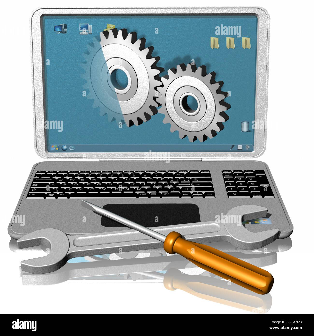 3D Abbildung. Öffnen Sie den grauen Laptop. Konzept für Funktionsprüfung, Reparatur. Symbol mit Schraubenschlüssel und Schraubendreher im Vordergrund. Stockfoto