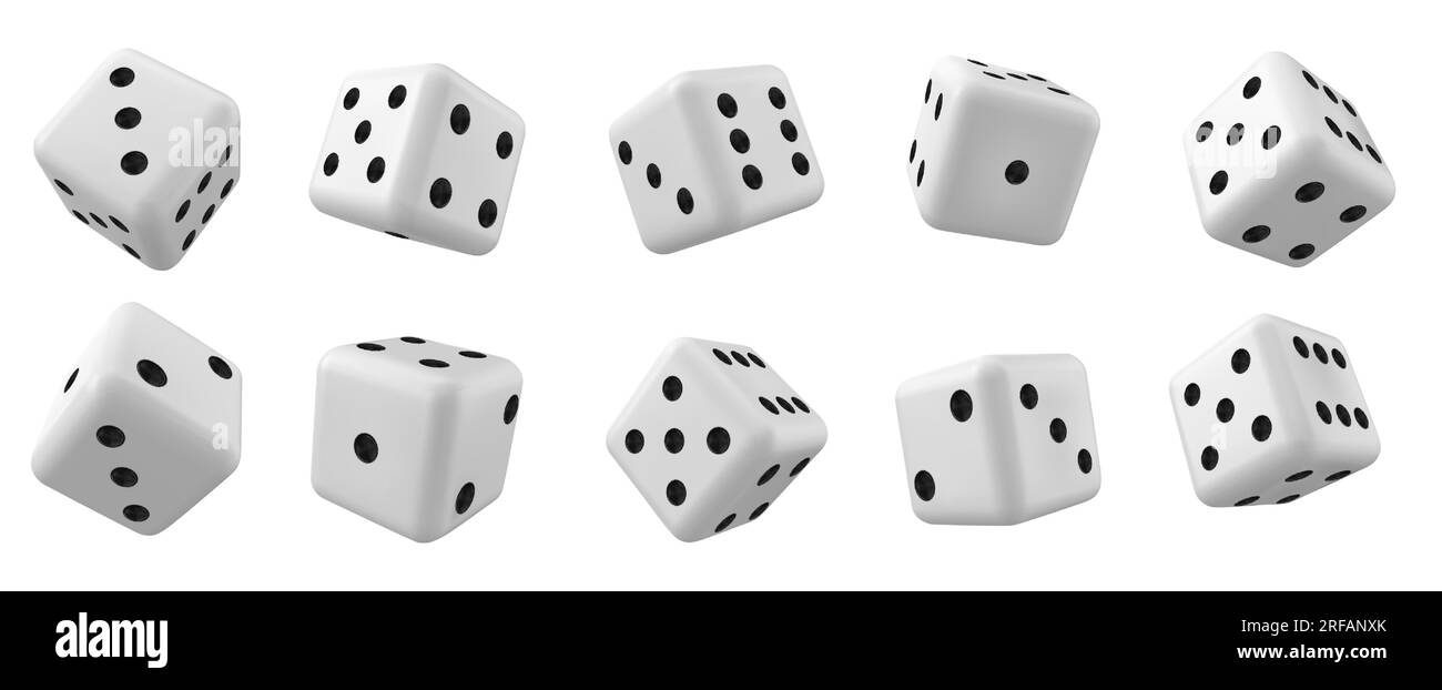 3D isolierte, realistische Würfel in Weiß für das Casino-Spiel-Vektorsymbol. Backgammon-Glückswürfelrolle mit 1, 6 oder zwei Punkten. Zufallsdrehung mit „Square Luck“ für Poker-Entertainment-Illustration Stock Vektor