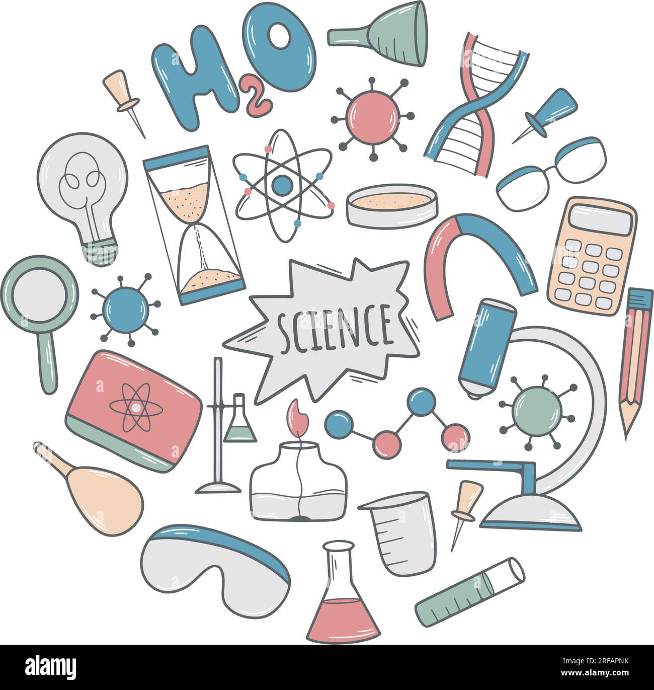 Handgezeichnetes Rundbanner für Wissenschaft. Chemie, Biologen und Physik. Doodle Broschüre wissenschaftliche Forschung, Experimente und Studien, Vektor Stock Vektor