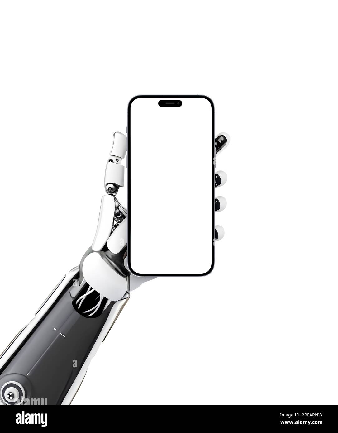 Die Roboterhand hält das Smartphone mit isoliertem Bildschirm für Modelle und App-Präsentationen. Künstliche Intelligenz, Kybernetik, teknologisches Konzept Stockfoto