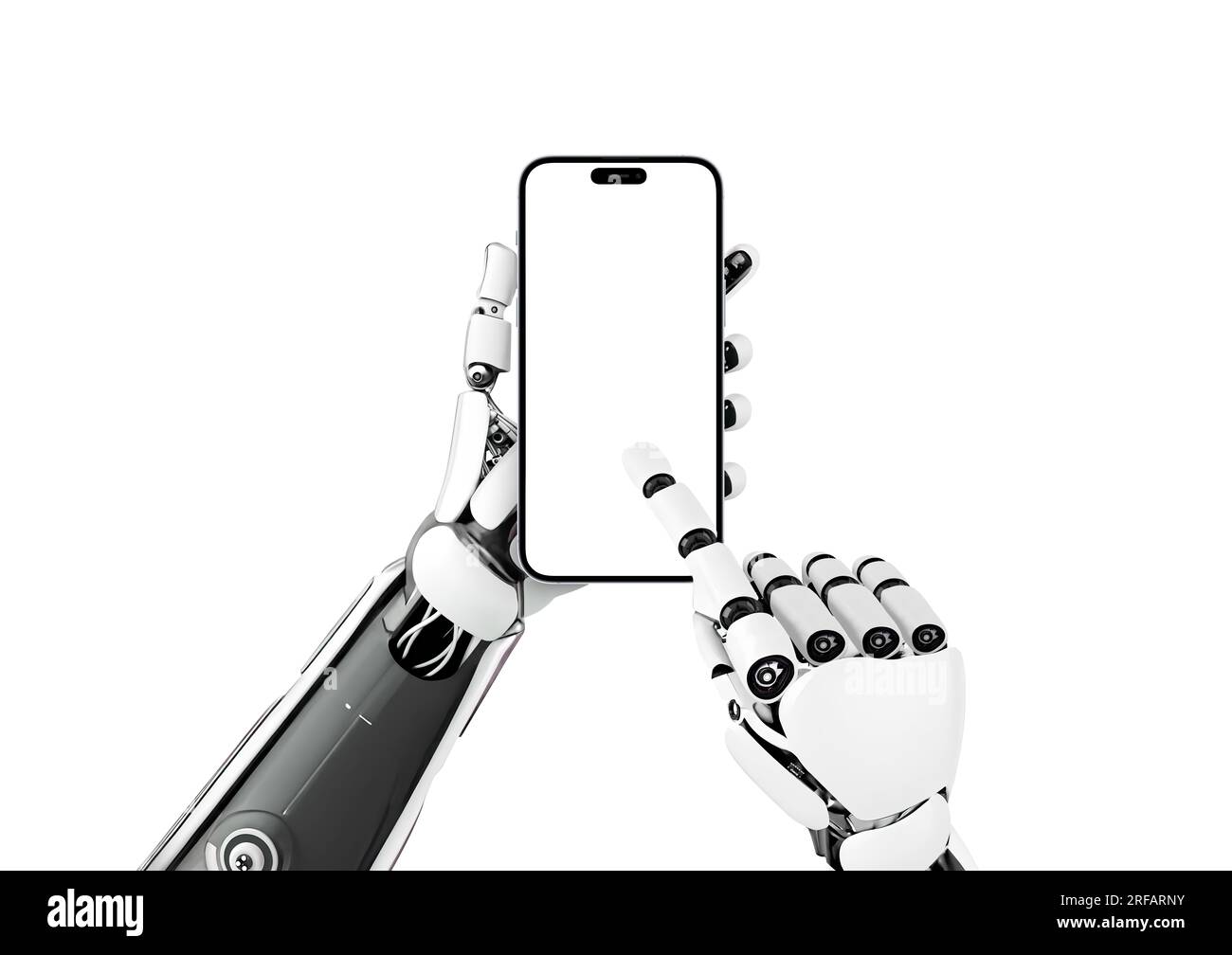 Roboter mit Smartphone und isoliertem Touchscreen-Display für Modell- und App-Präsentation. Ansicht der ersten Person. Isolierter Hintergrund Stockfoto