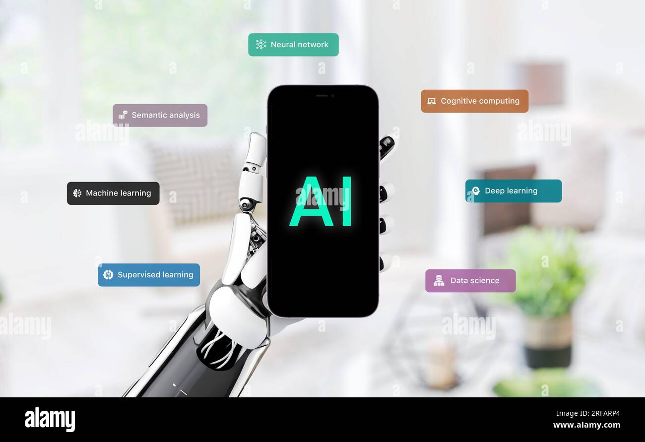Künstliches Intelligenzkonzept eines Smartphones mit KI-Text auf dem Bildschirm in Roboterhand umgeben von künstlichen Intelligenzbegriffen Stockfoto