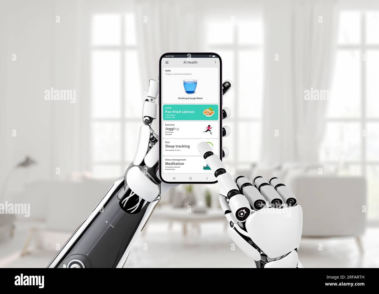 Künstliche Intelligenz für das Gesundheitsmanagementkonzept. Die Roboterhand hält ein Mobiltelefon mit einer Gesundheits-App. Die App zeichnet Ernährung, Bewegung und andere auf Stockfoto