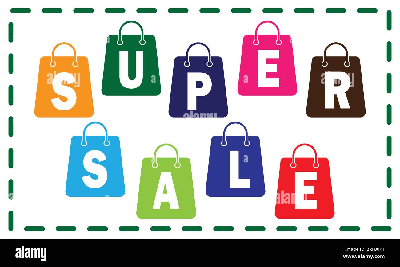 Vektordarstellung eines Sets bunter Einkaufstaschen mit den Worten „SUPER SALE“. Geeignet für Saisonende, Super Sale Social-Media-Banner Stock Vektor