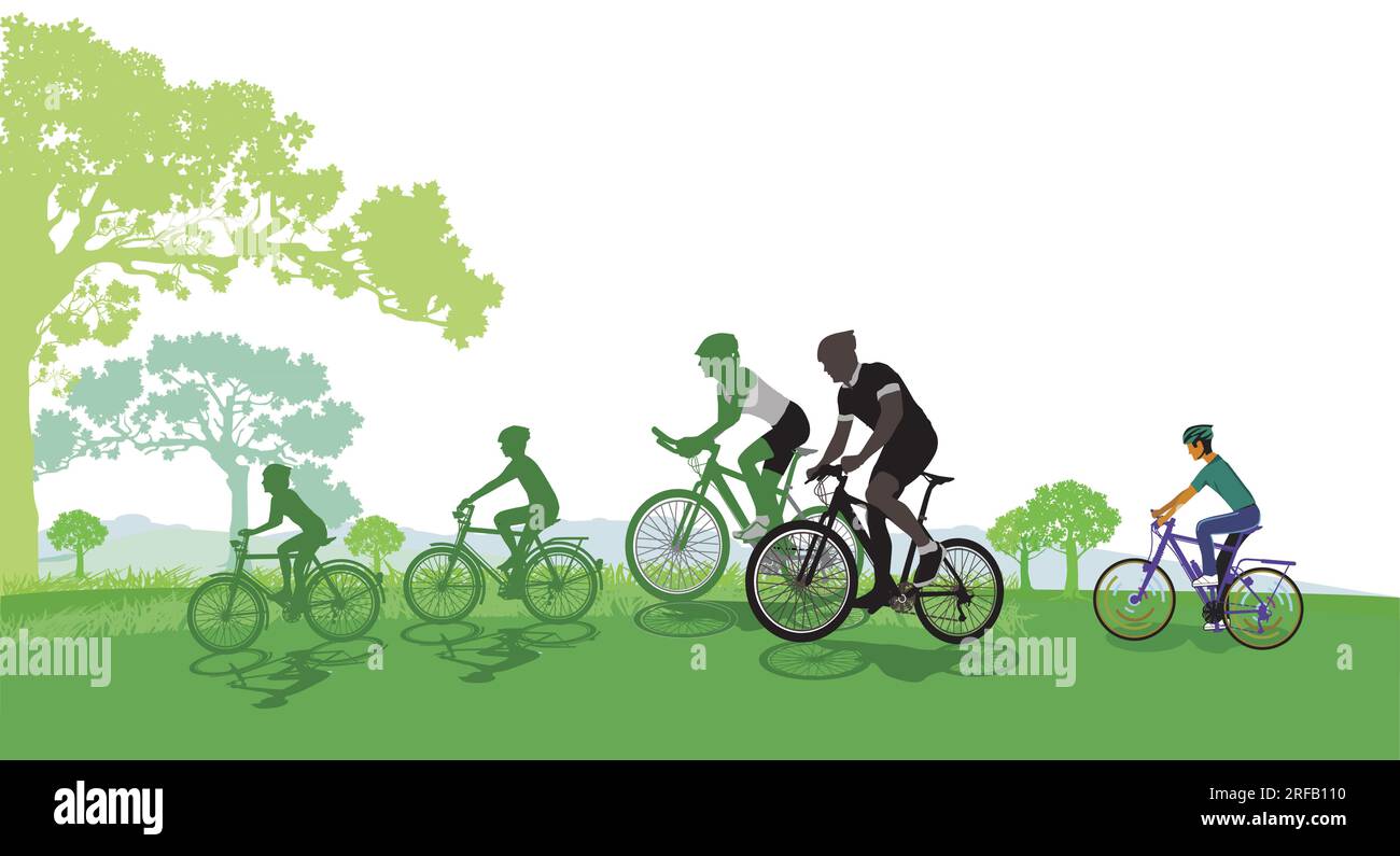Mountainbiking mit der Familie in der Gruppe, Illustration Stock Vektor