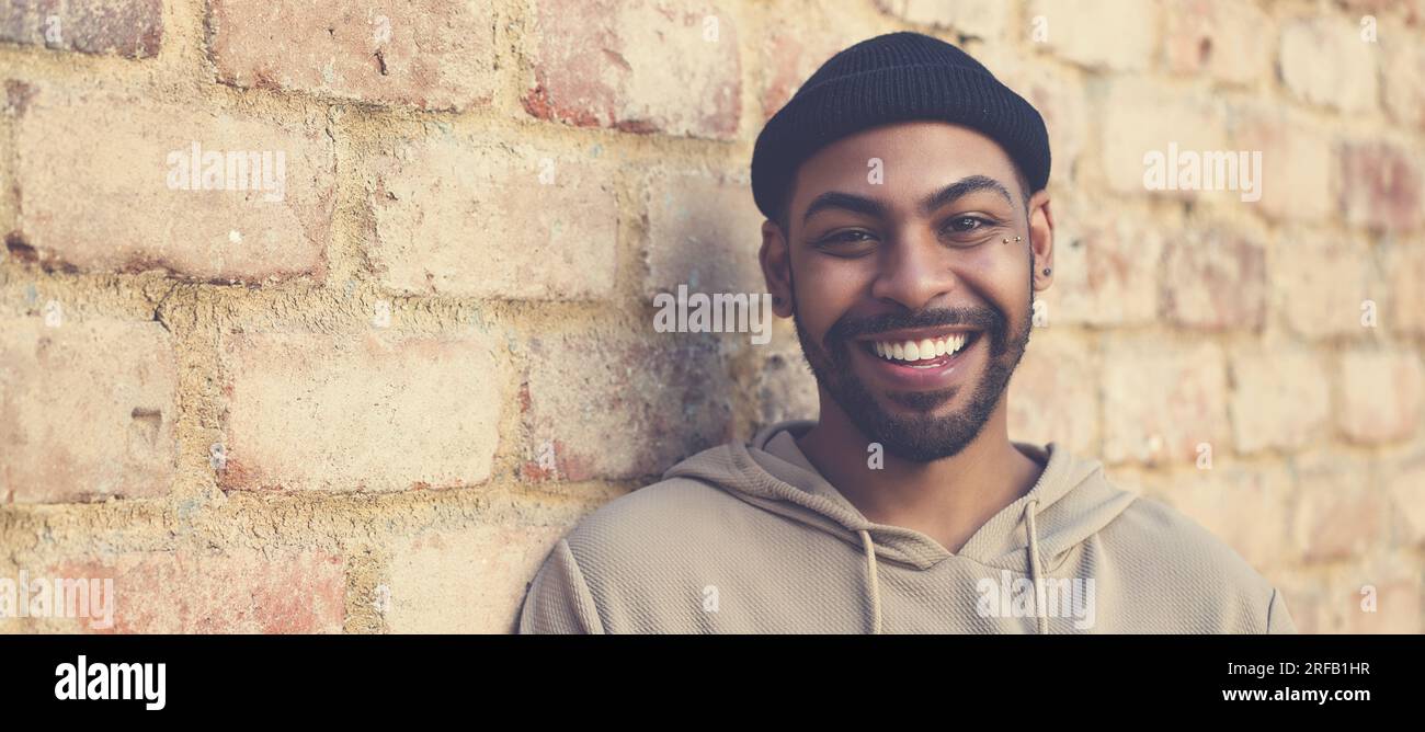 Unachtsamer afroamerikanischer Mann mit Mütze und Piercing draußen in der Stadt Stockfoto