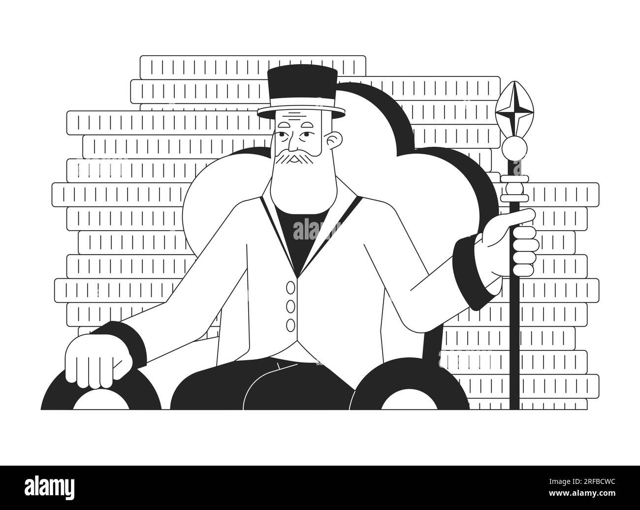 Ein reicher Mann mit flacher, schwarzer, weißer Vektorfigur Stock Vektor