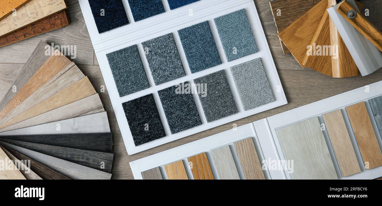 Bodenmaterial und Sockelleisten. Teppich, Laminat, Vinyl. Draufsicht Stockfoto