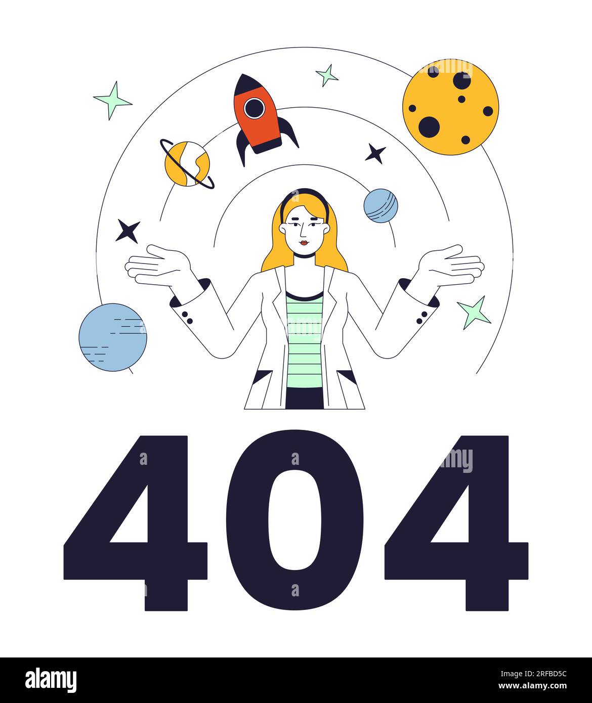 Weibliche Wissenschaftlerin erforscht Galaxiefehler 404 Flash-Nachricht Stock Vektor