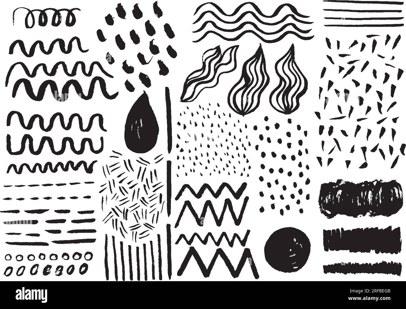 Eine Quelle von Kritzeleien, handgefertigte Zeichen mit Filzstift. Grafikelemente für die Erstellung zeitgenössischer Designs. Wellen, Linien, Zickzack, Zupfen Stock Vektor