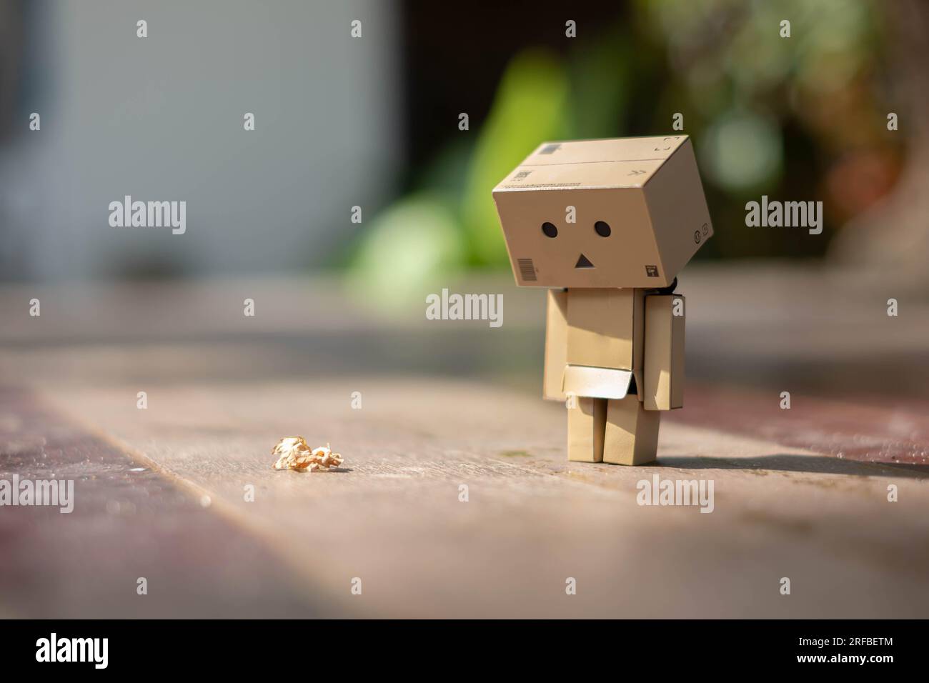 Kleiner hölzerner Spielzeugroboter danbo einsam isoliert einsamer trauriger Charakter, Holzboden Outdoor Cartoon Box Anime Happy Art Concept Natur Sommer, braune Puppe geschnitten Stockfoto