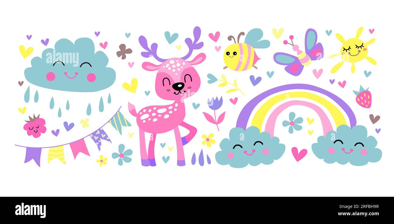 Süße Sticker flach. Vektorset mit Tieren, Wolken und Blumen. Farbenfrohe Darstellung isoliert auf weißem Hintergrund. Stock Vektor