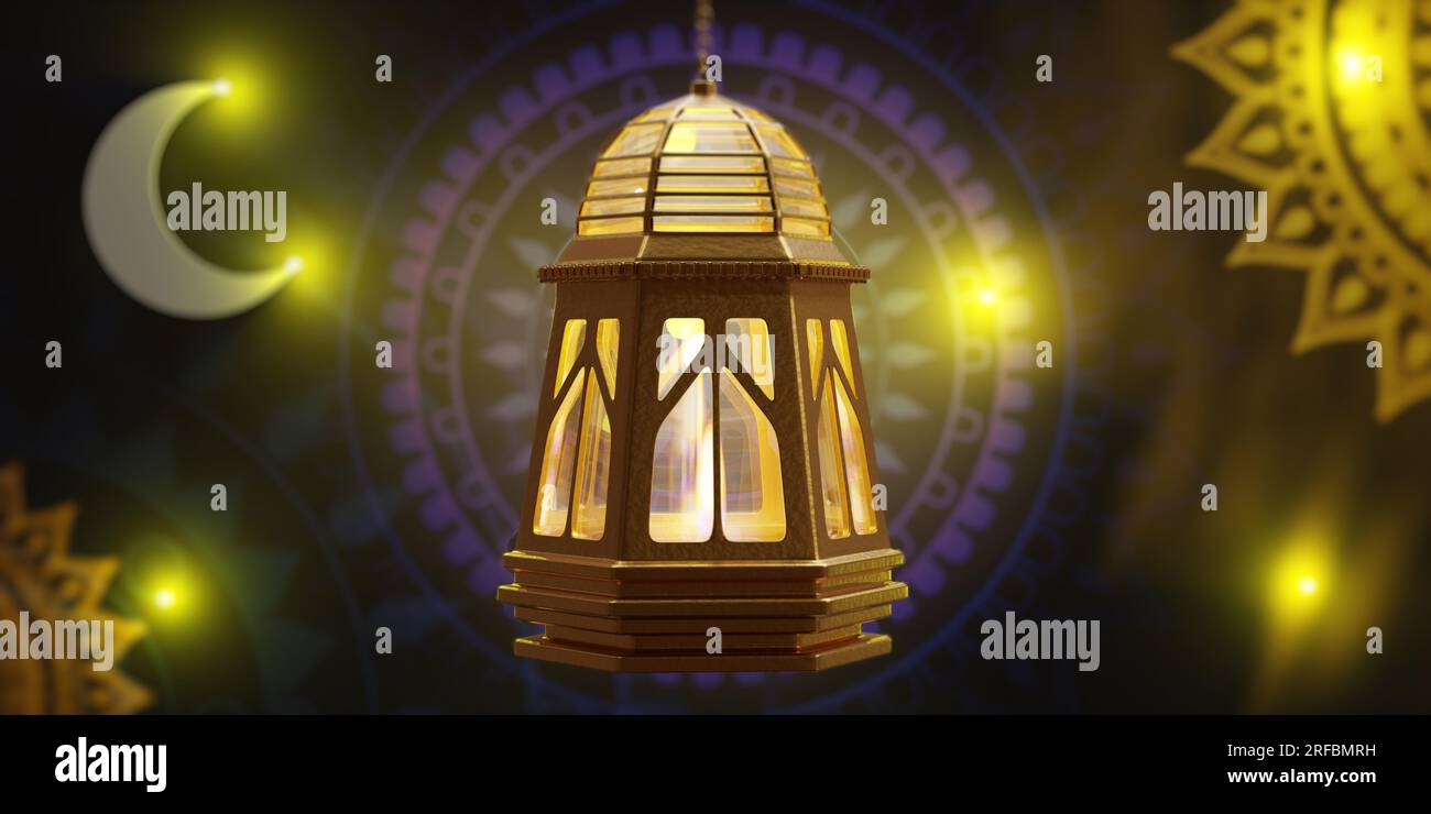 Eid al Adha-Feier. Arabische Ramadan-Laterne beleuchtet. Islamische Lampe mit Kerze. 3D-Rendern Stockfoto