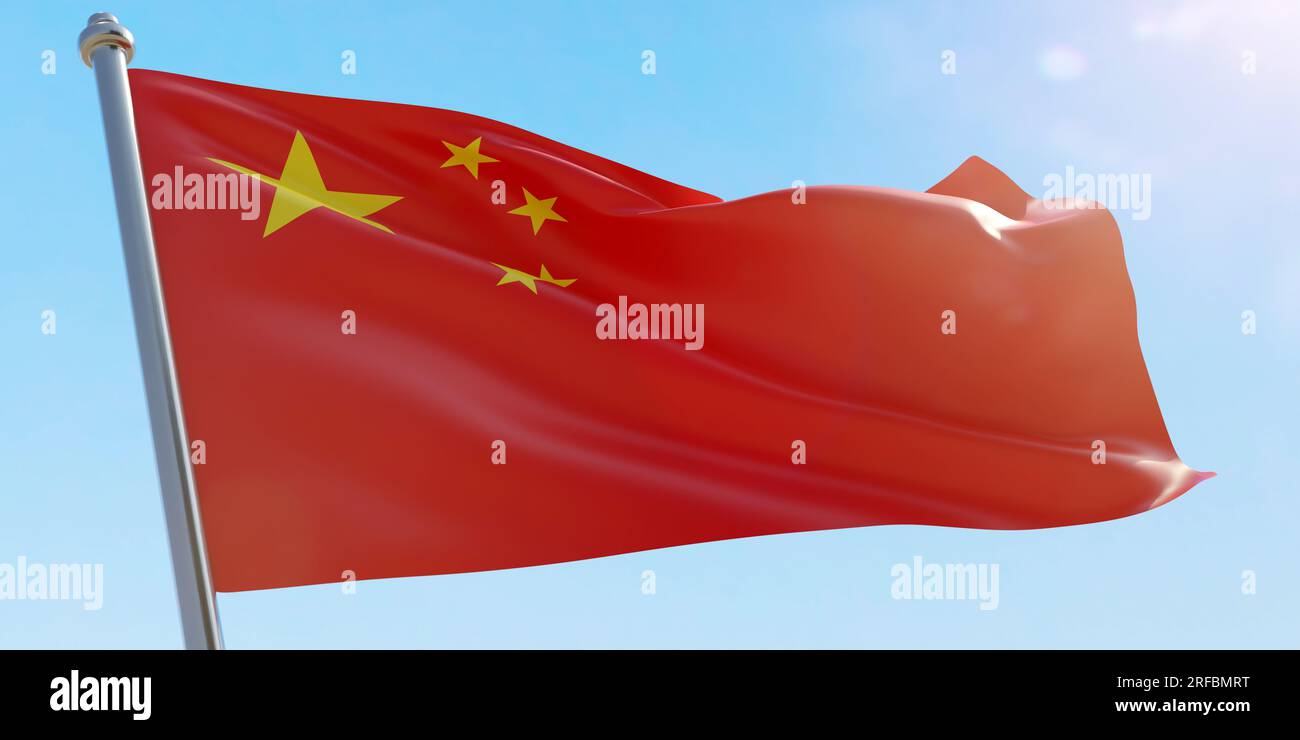 Chinesische Staatsflagge auf blauem Himmelshintergrund. 3D-Rendern Stockfoto