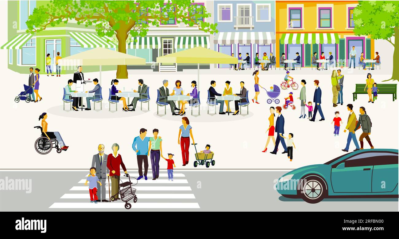 Silhouette der Stadt mit Personengruppen in der Freizeit in Wohngegend, Illustration Stockfoto