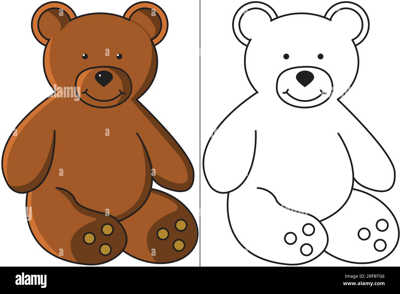 Teddybär Farbumriss und farbige Version. Malseite für Kinder. Einfache Ausmalseite Stock Vektor