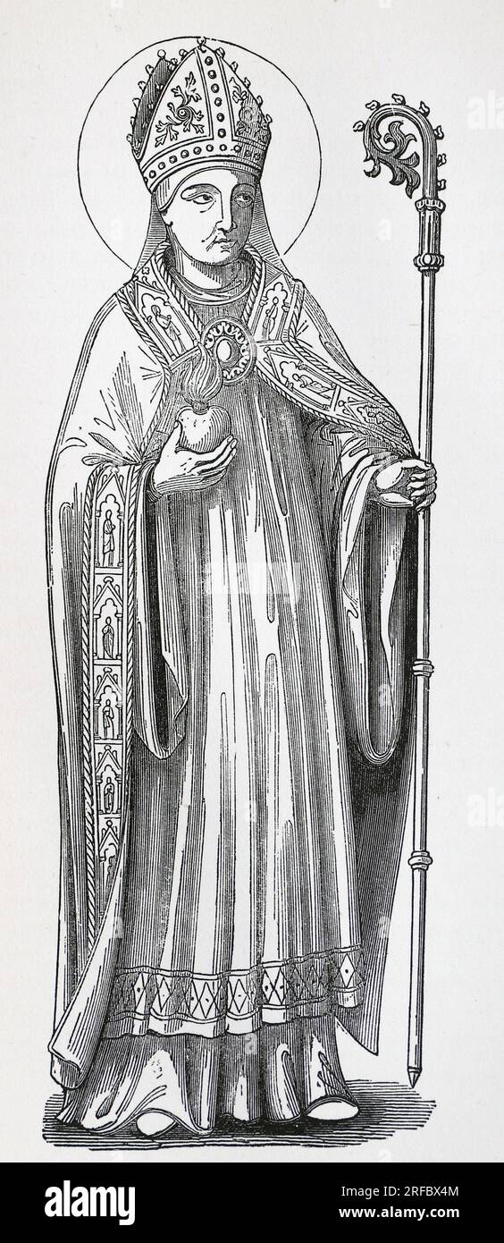 Porträt von St. Augustine von Hippo (Aurelius Augustine) nach Cahiier. Er ist gefeiert als der Bischof von Hippo. Er hat ein flammendes Herz, symbolisch für Augustines Liebe zu Gott und seinen Brüdern und Schwestern. Gravur aus dem Leben der Heiligen von Sabin Baring-Gould. Stockfoto