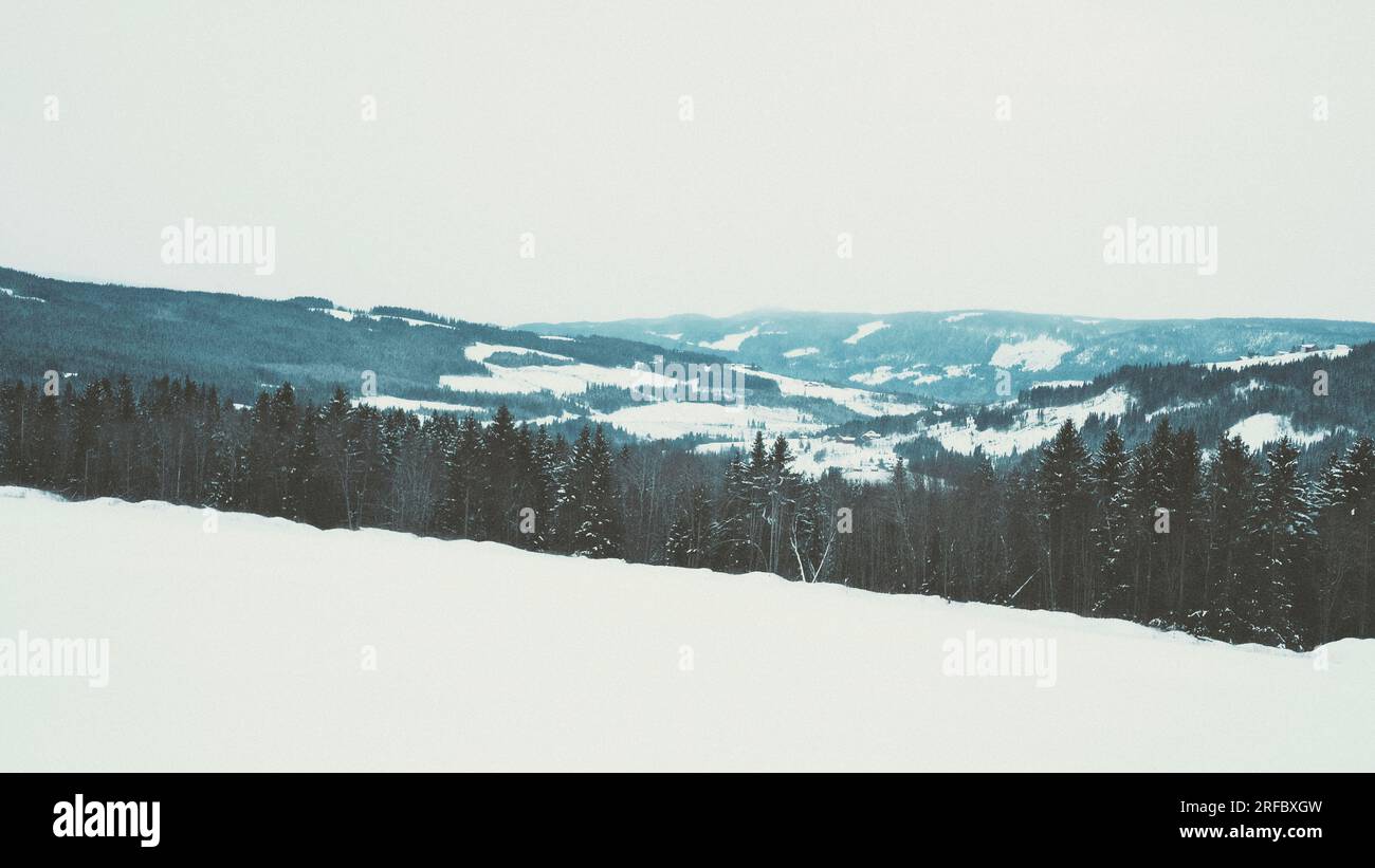 Ein Foto von schneebedeckten norwegischen Bergen. Stockfoto