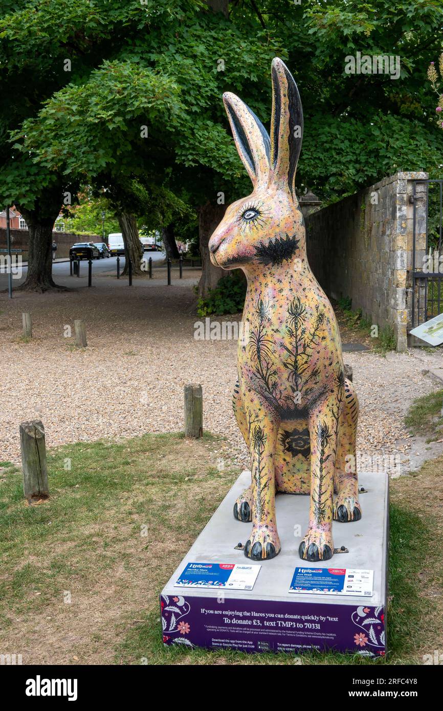 Hares of Hampshire Art Trail Winchester England 2022, Hartley Hare von Jacky Putill Fine Artist am Wolvesey Castle Gate Stockfoto