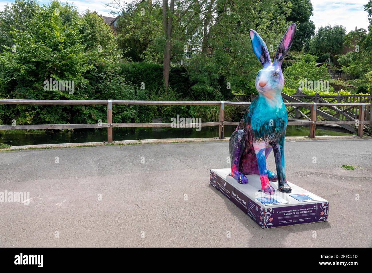 Hares of Hampshire Art Trail Winchester England 2022 Be Your Beautiful Self Hare by Jenny Muncaster at the Weirs Riverside Walk Sponsor Winchester Uni Stockfoto