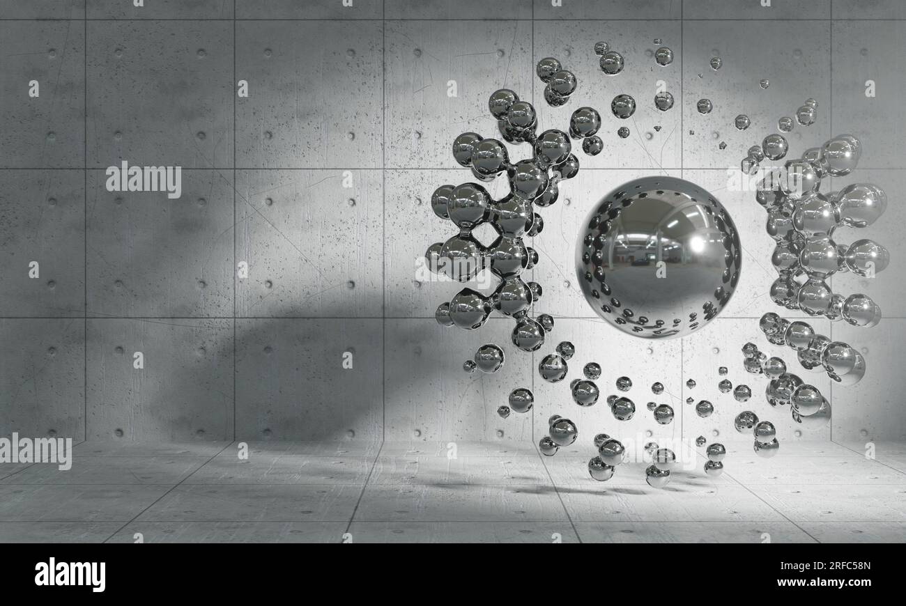 Abstraktionshintergrund, Silberkern und Flüssigpartikel in der Kugel verändern die Form wie Tinte während einer Explosion vor dem Hintergrund eines Betons Stockfoto