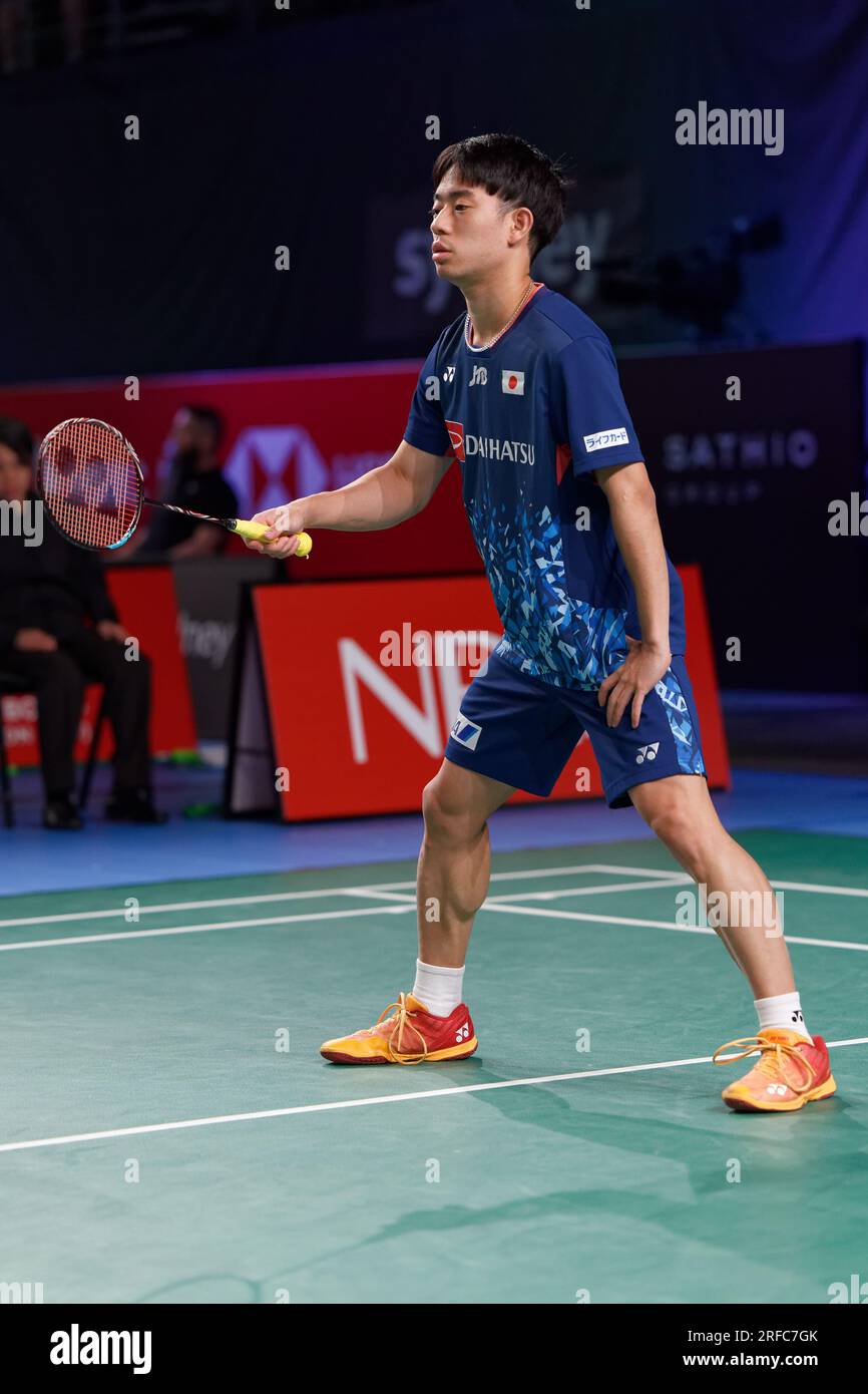 Sydney, Australien. 02. Aug. 2023. Hiroki Midorikawa aus Japan in Aktion am 2. Tag der Sathio Group Australian Badminton Open 2023 im Quaycenter am 2. August 2023 in Sydney, Australien Kredit: IOIO IMAGES/Alamy Live News Stockfoto