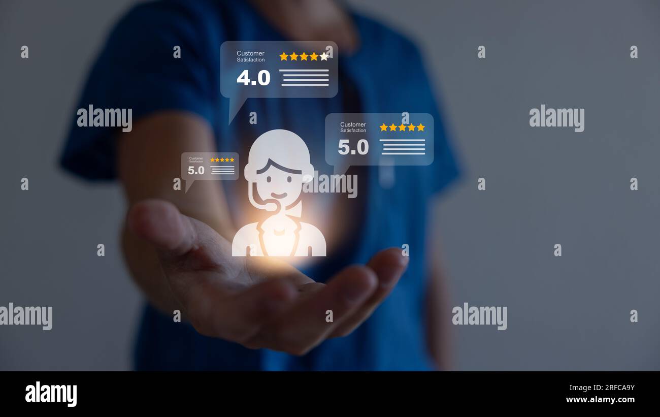 Verbraucher bewerten ihre Zufriedenheit mit 5 Sternen, Konzepte der Customer Experience Survey für Services und Produkte und Kundenbindung. Stockfoto