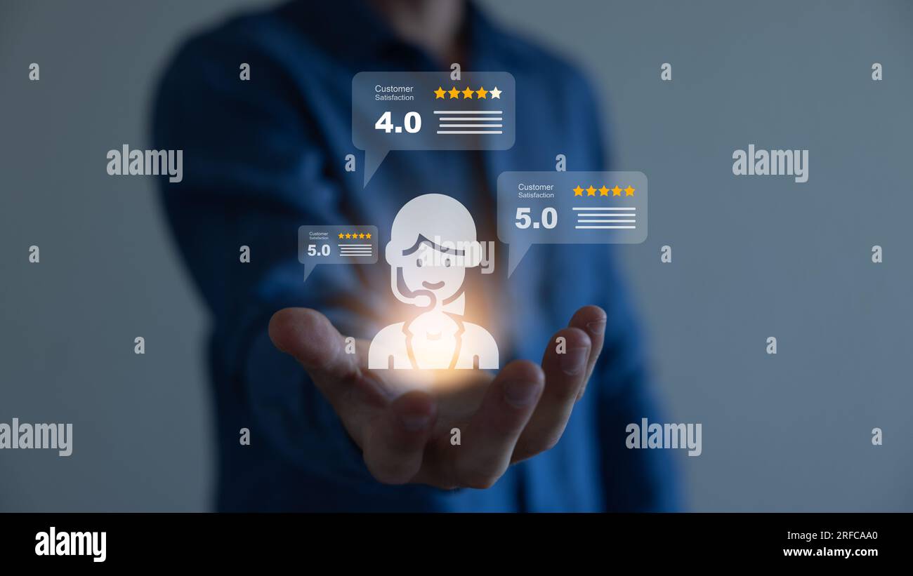 Verbraucher bewerten ihre Zufriedenheit mit 5 Sternen, Konzepte der Customer Experience Survey für Services und Produkte und Kundenbindung. Stockfoto