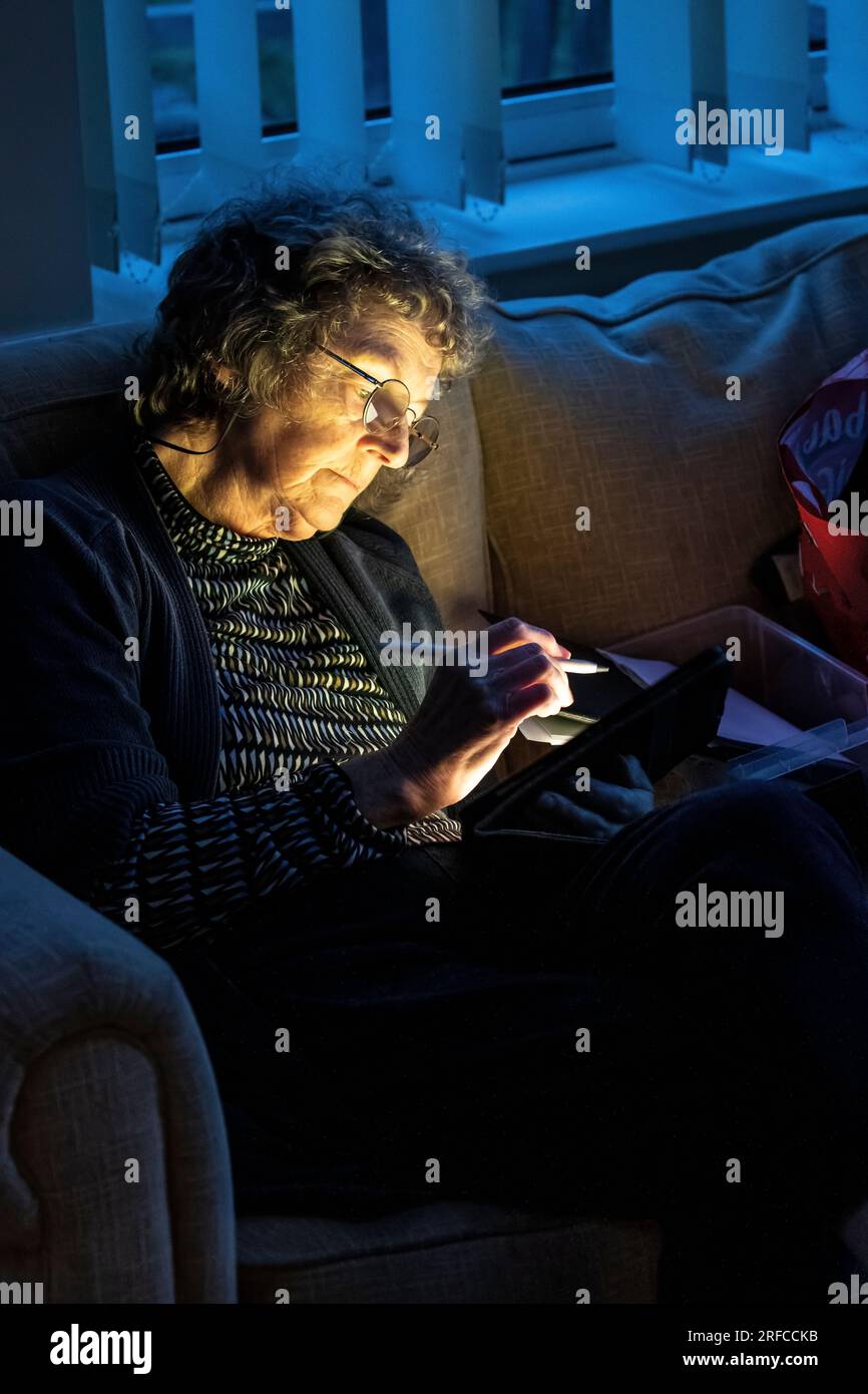 Künstlerin malt abends auf einem iPad-Tablet in gedämpfter Beleuchtung Stockfoto