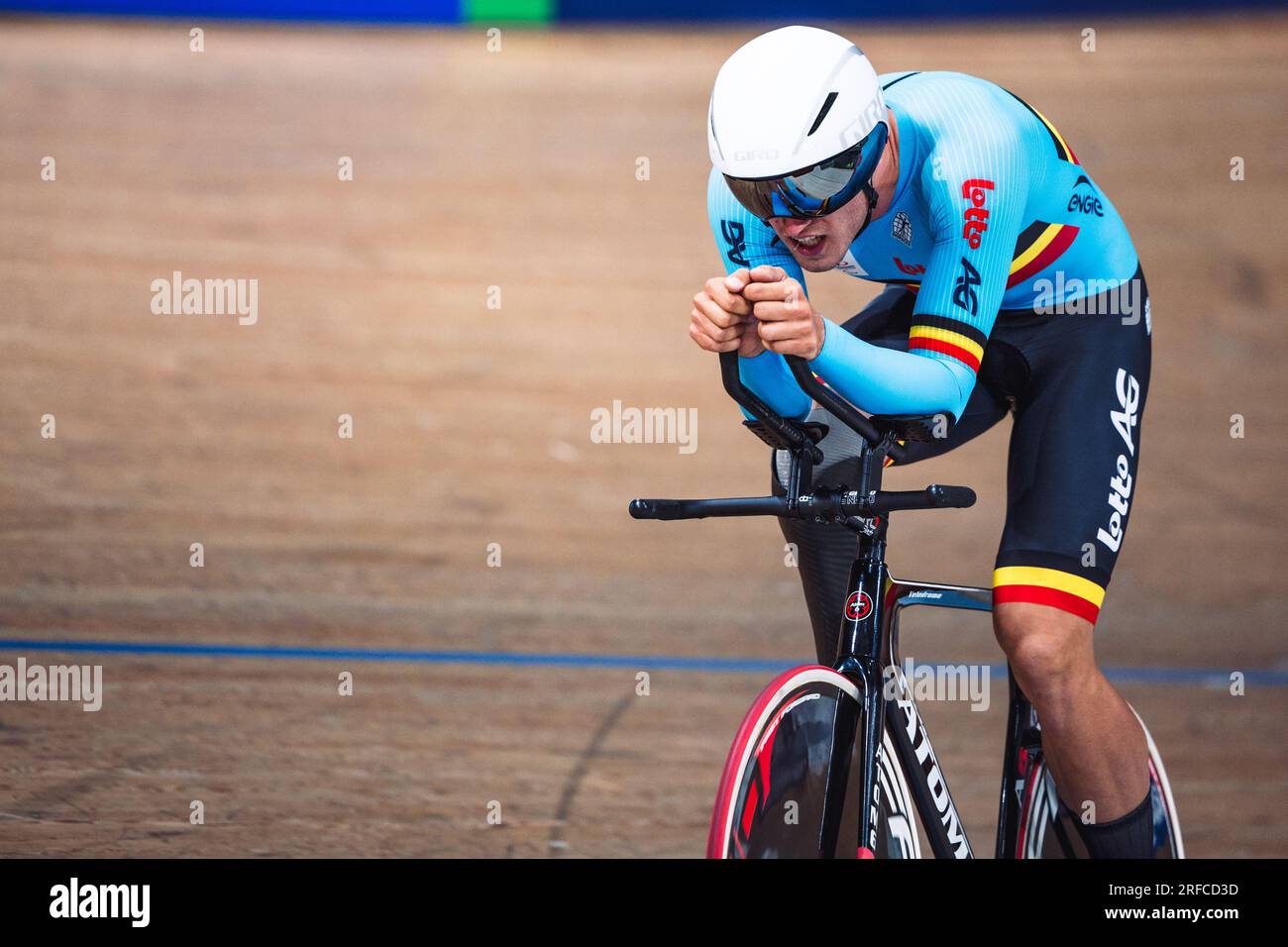 Glasgow, Großbritannien. 02. Aug. 2023. Belgischer Jarno Thierens in Aktion während der Individual Pursuit Qualification Event Men C4 in Glasgow, Schottland, Teil der UCI World Championships Cycling, Mittwoch, 02. August 2023. UCI organisiert die Welten mit allen Disziplinen des Radfahrens, Straßenradfahren, Indoor-Radfahren, Mountainbike, BMX-Rennen, Straßen- und Hallenparkradfahren, in Glasgow vom 05. Bis 13. August. BELGA FOTO DAVID PINTENS Kredit: Belga News Agency/Alamy Live News Stockfoto