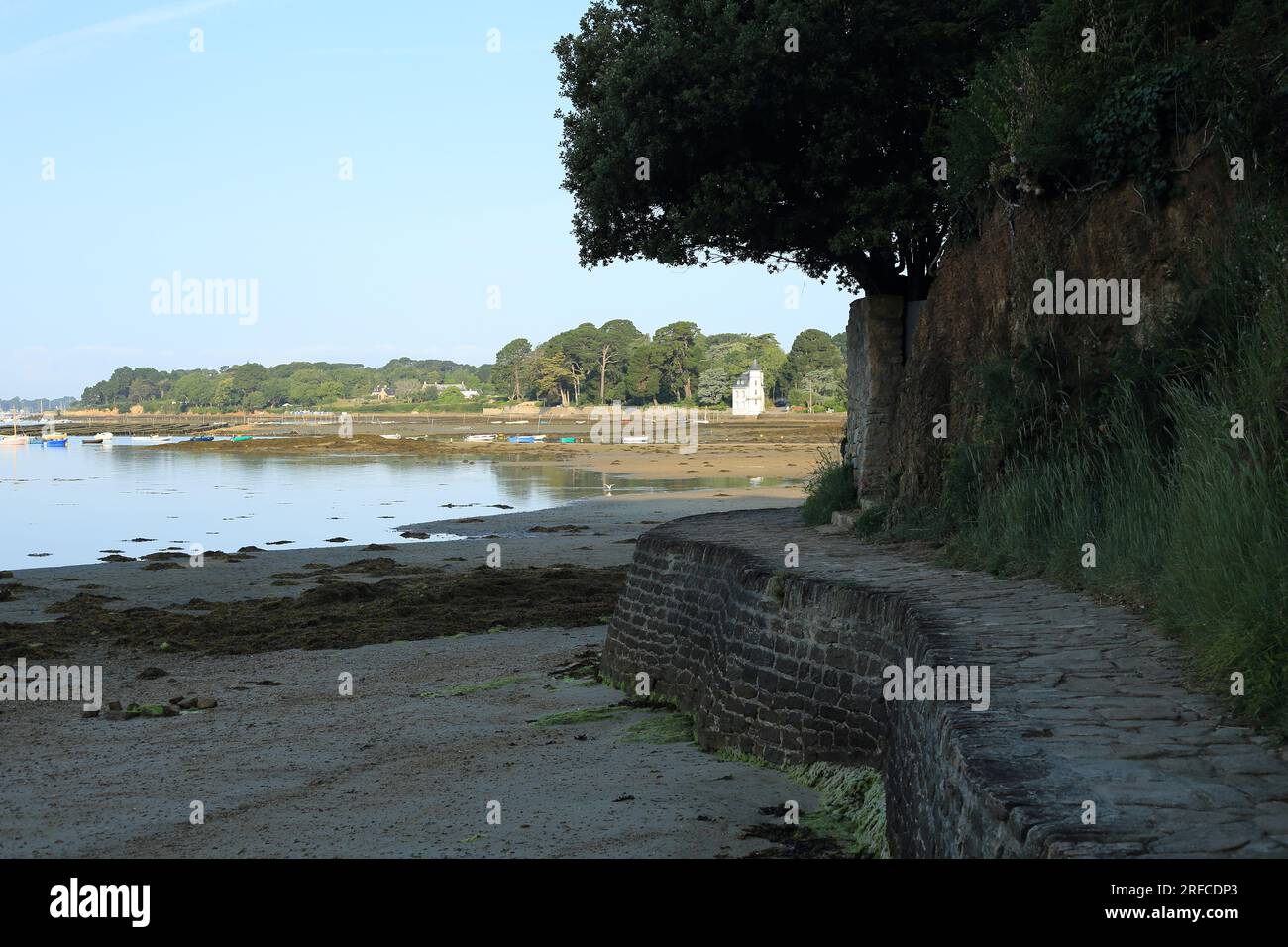 Früh morgens Licht und Ebbe mit Tour Vincent in der Ferne und Küstenwanderweg von Plage de Penboch, Penboch, Arradon, Morbihan, Bretagne, F Stockfoto