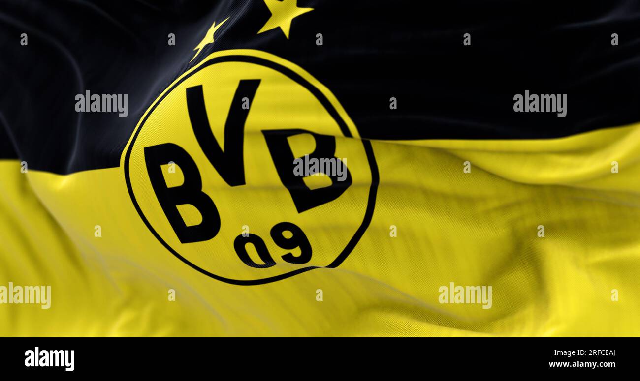 Dortmund, DE, august 2 2023: Nahaufnahme der Borussia-Dortmund-Fahne. Deutscher Profisportverein mit Sitz in Dortmund. Anschaulicher Editorial 3D illu Stockfoto