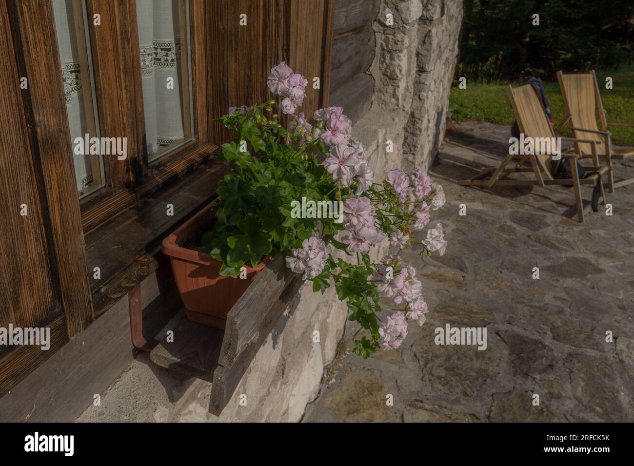 Traditionelle Blumen am Fenster, trenta Slowenien Stockfoto
