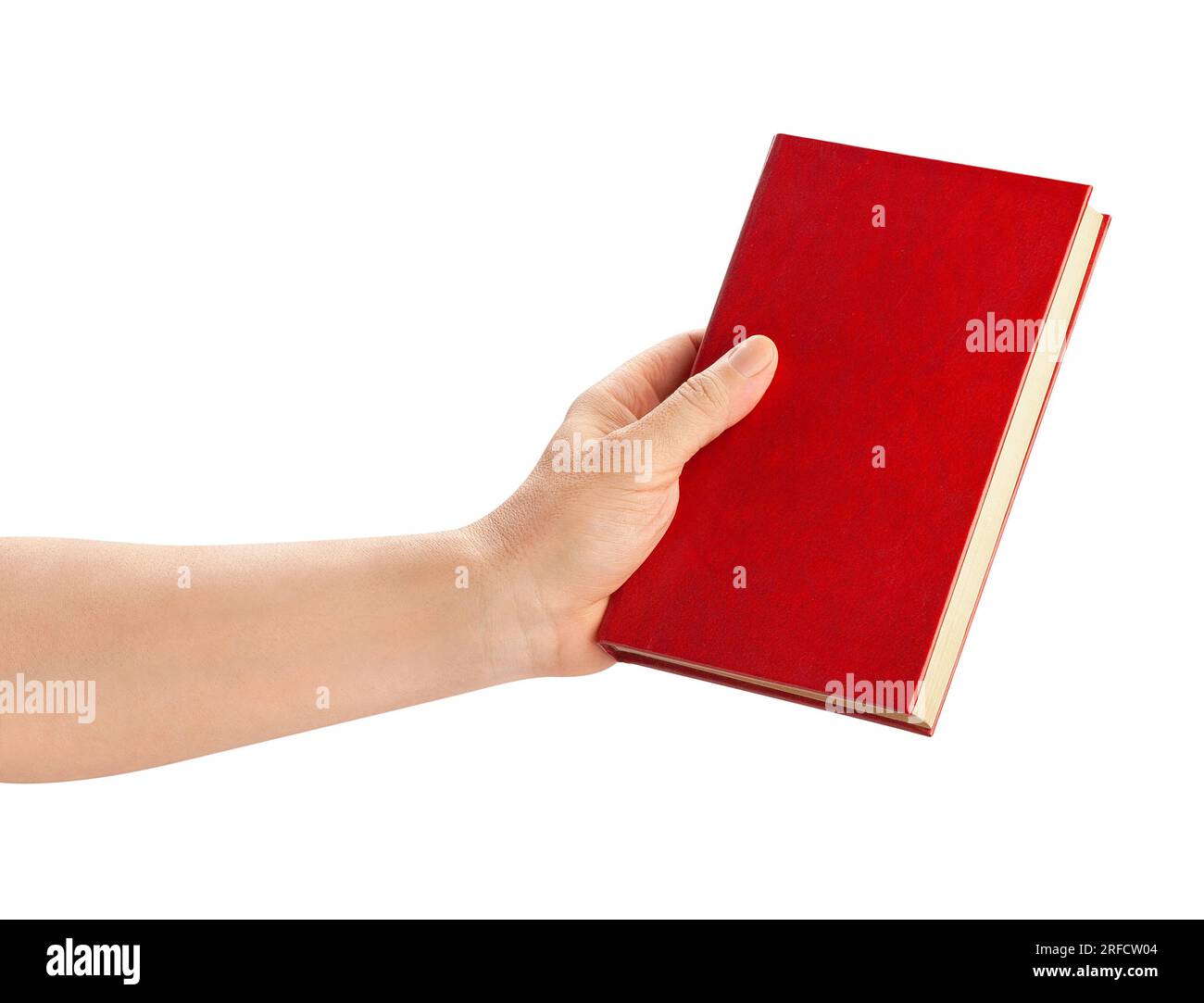Rotes Buch in der Hand Pfad isoliert auf weiß Stockfoto