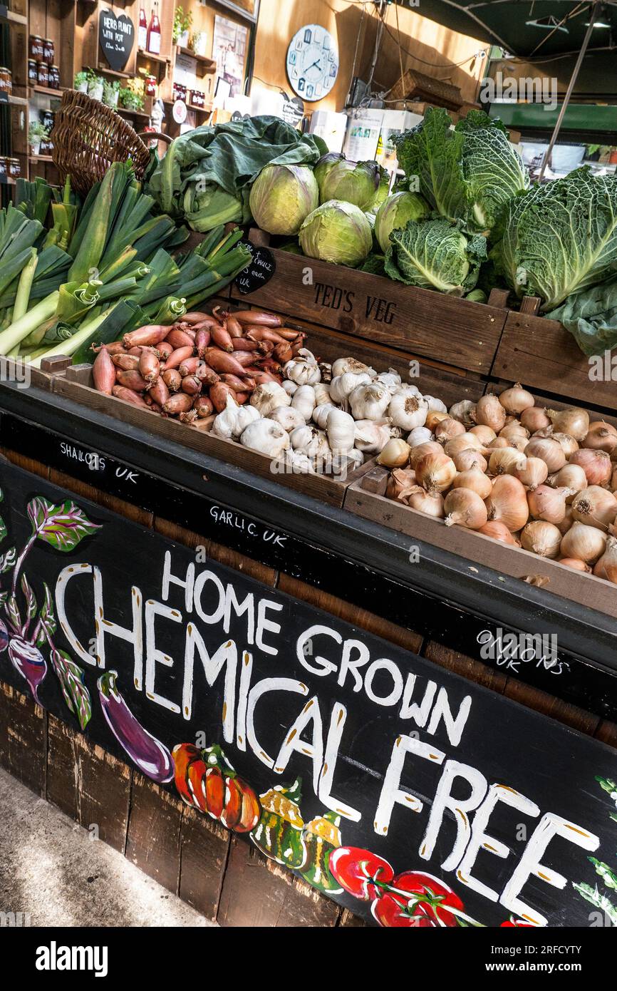 Borough Market Gemüse rustikal natürlich angebautes Gemüse Stall. Ein britischer „chemikalienfreier“ Bio-Bauernhof produziert LAUCH, SCHALOTTEN, KNOBLAUCHKOHL Stockfoto