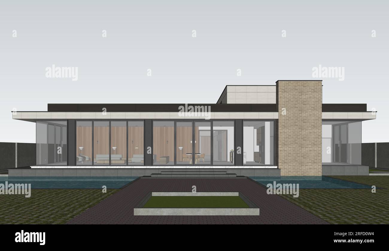Modernes Haus Außenszene mit Möbeln - 2D Zeichnung Modell A1 Größe 3D Stockfoto