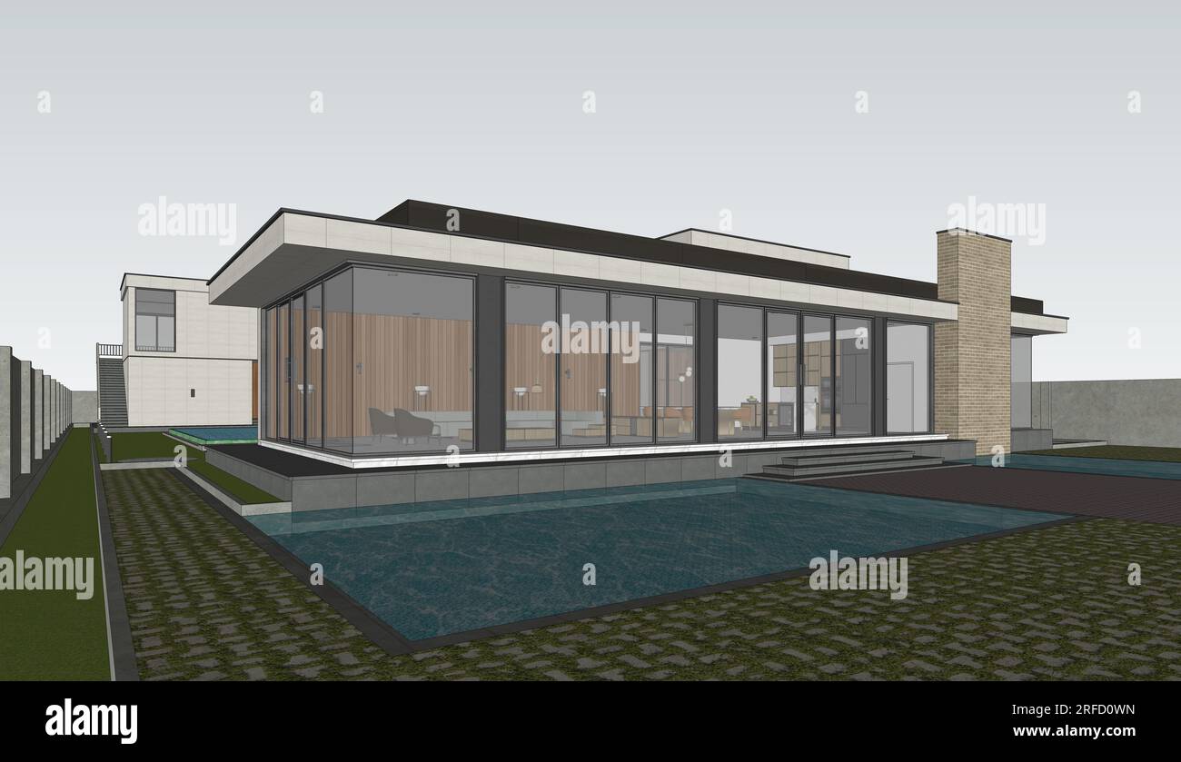 Modernes Haus Außenszene mit Möbeln - 2D Zeichnung Modell A1 Größe 3D Stockfoto