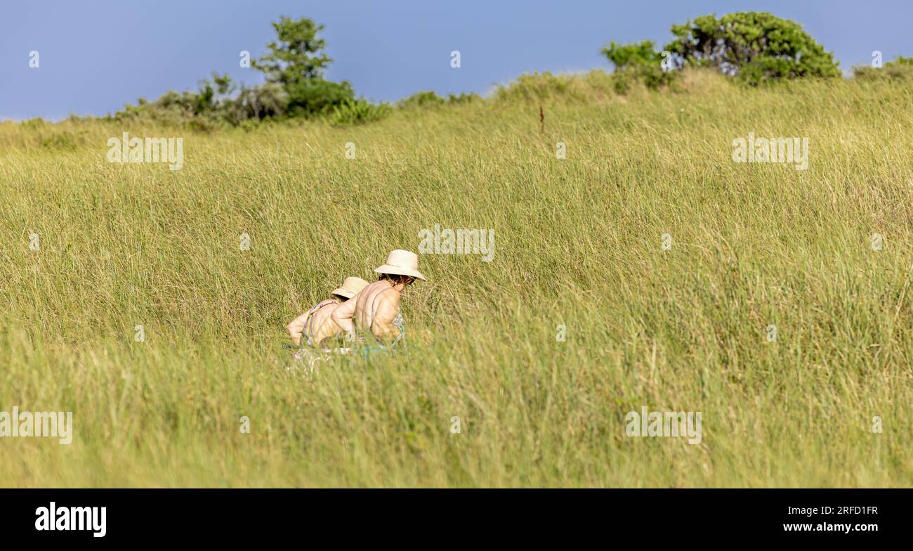 Zwei Frauen in Badeanzügen und Hüten, die am Gin Beach durch hohes Gras spazieren Stockfoto