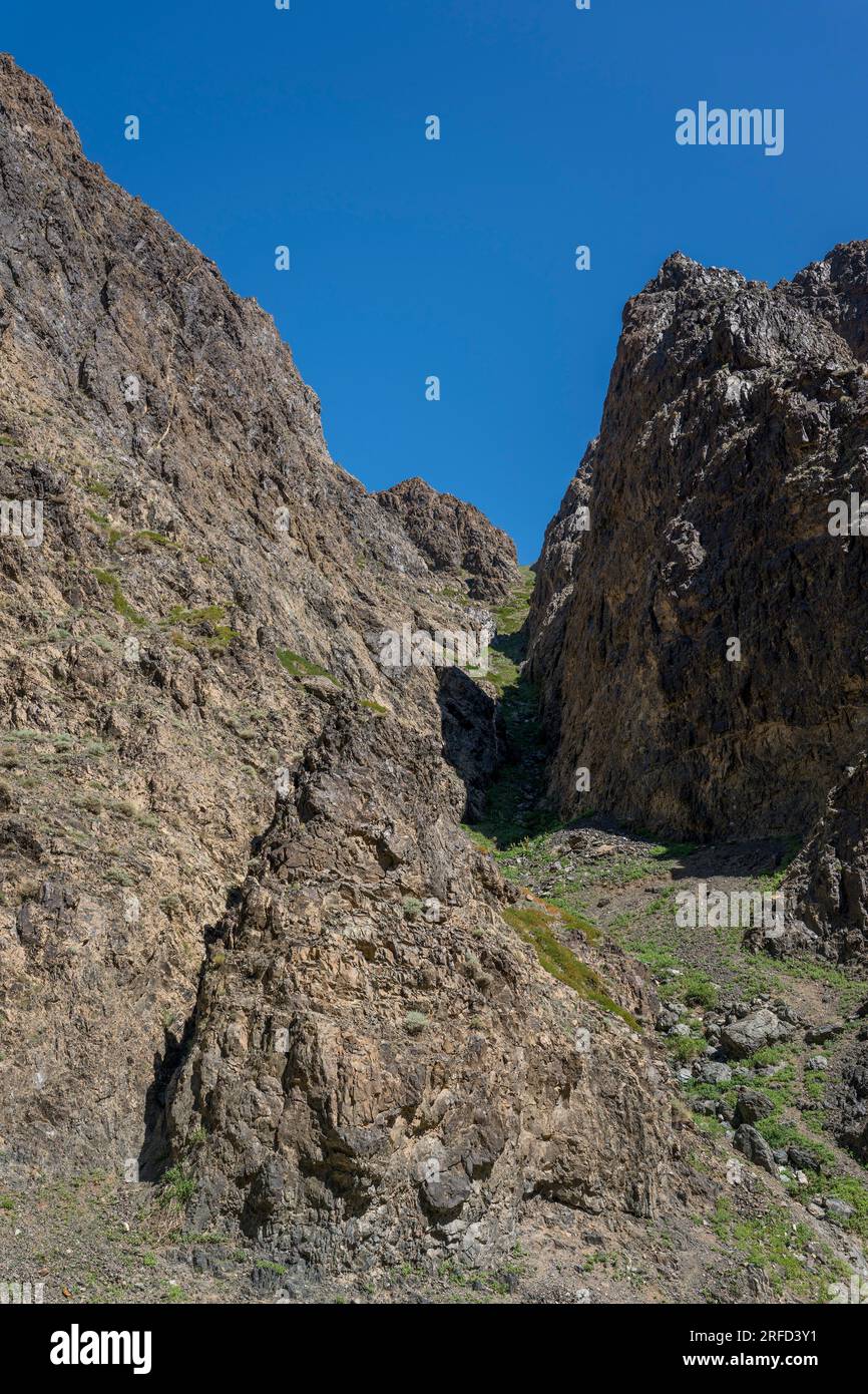 Yolyn am (Gurvan Saikhan National Park), eine tiefe und enge Schlucht im Gurvan Saikhan Gebirge bei Dalanzadgad in der Wüste Gobi, südlicher Mon Stockfoto